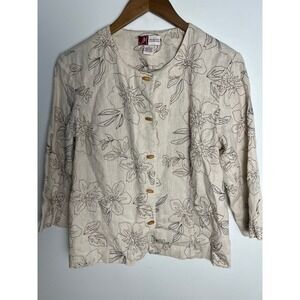 JM Collection Wm 8 Beige Floral Linen Blazer Jacket Boho Lagenlook Earthy Granny